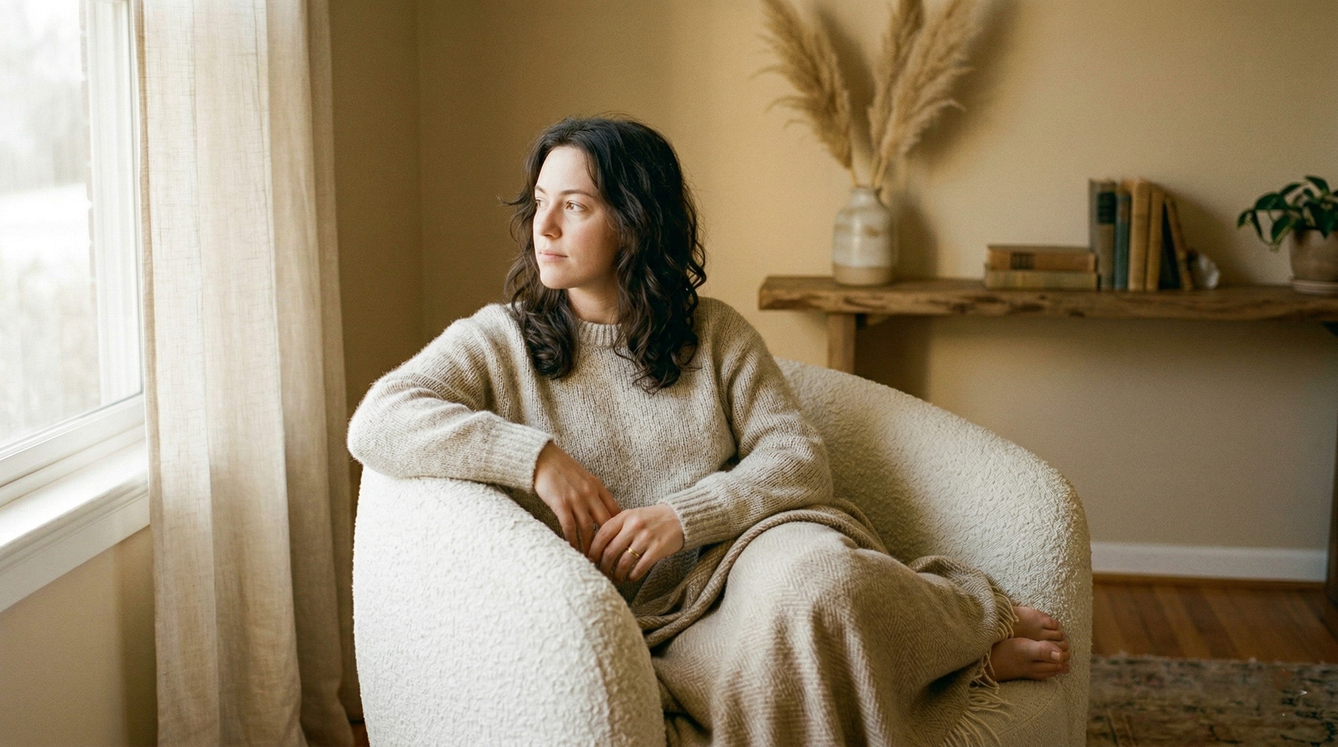 Woman with natural lips sitting in a cream chair in a warm modern studio at HoneMD med spa Torrance South Bay