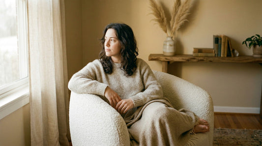Woman with natural lips sitting in a cream chair in a warm modern studio at HoneMD med spa Torrance South Bay