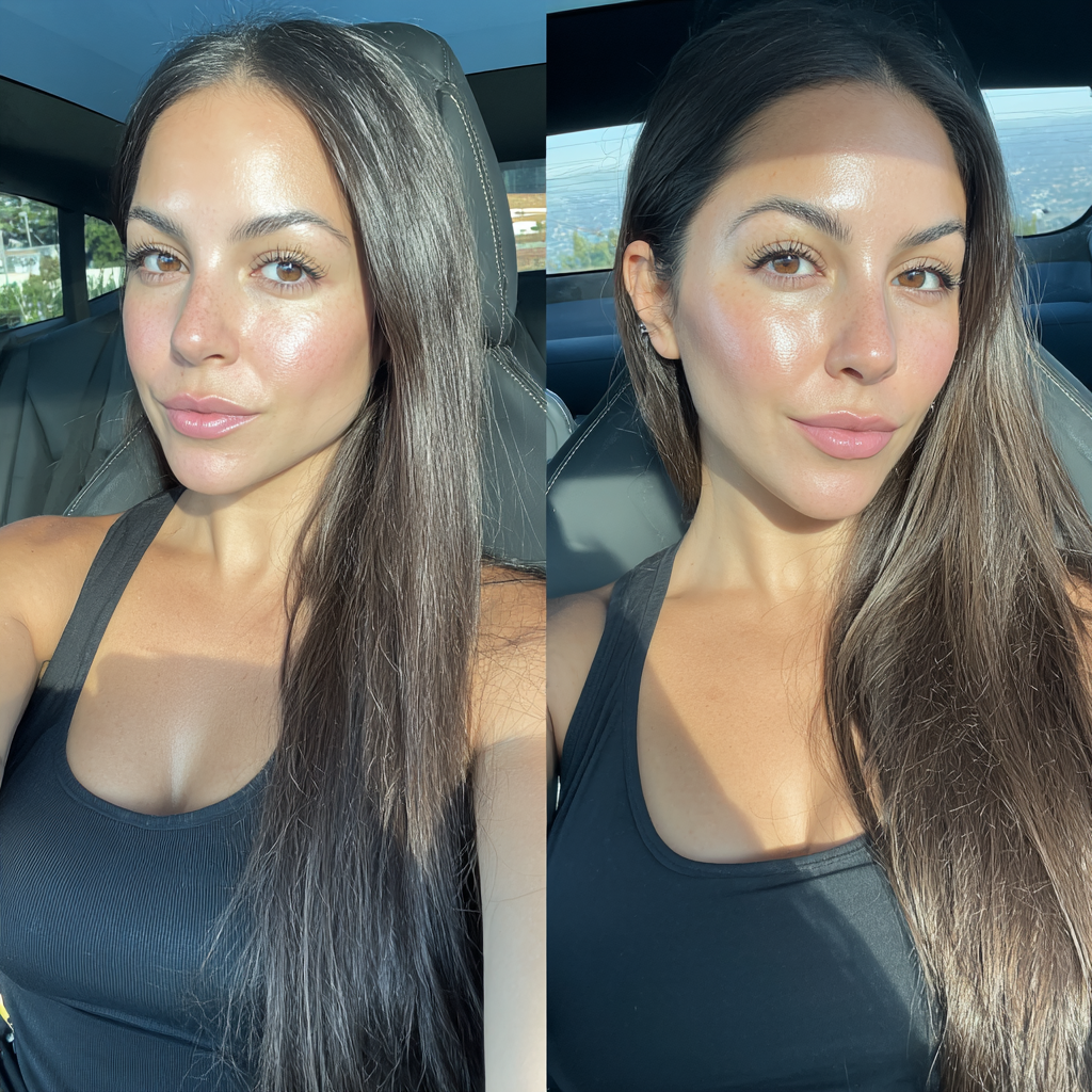 Side-by-side comparison of a woman with and without makeup inside a car.