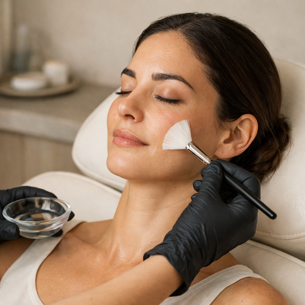 Provider applying a chemical peel to a client's face at HoneMD