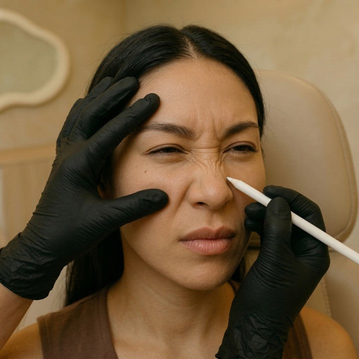 Provider marking bunny lines as a client scrunches the nose at HoneMD