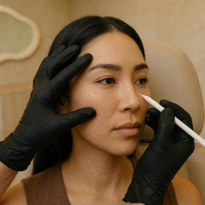 NP injector marking bunny lines treatment zone on patient's nose bridge at HoneMD Torrance