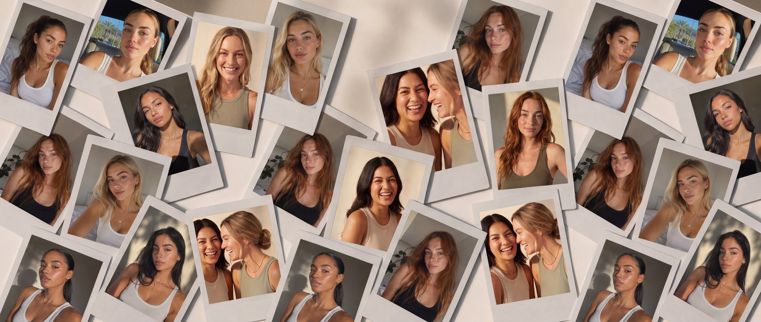 Overlapping polaroid-style portraits of smiling women arranged on a warm cream surface