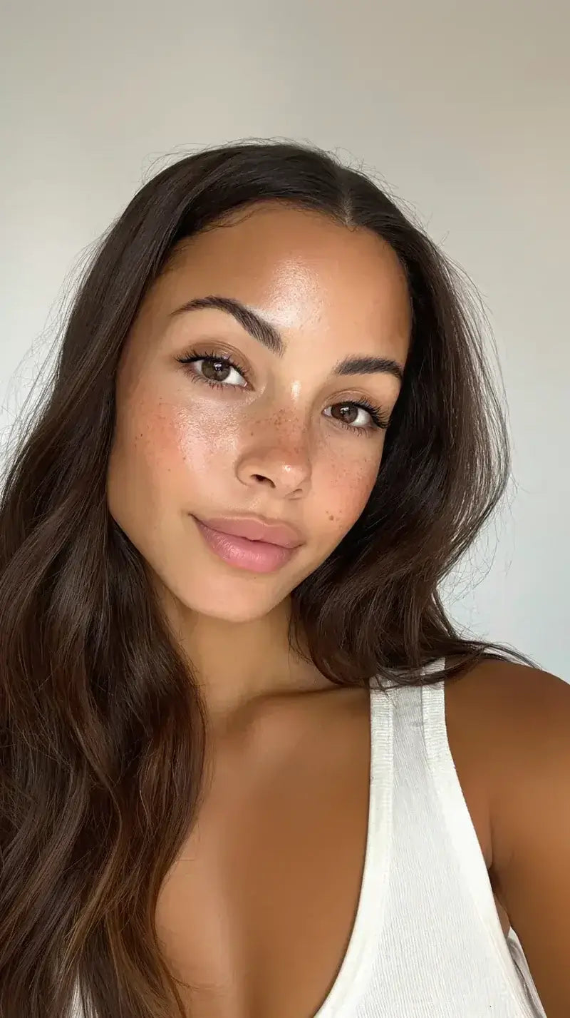 Woman with long brown hair wearing a white tank top against a plain background