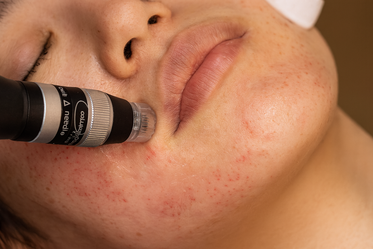 Microneedling device treating a client's lower cheek at HoneMD