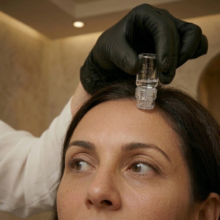 Aquagold microneedling treatment on patient forehead with micro-infusion device at HoneMD Torrance