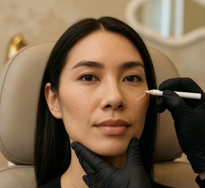 NP injector marking cheekbone treatment zone during cheek filler consultation at HoneMD Torrance