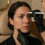 NP injector marking frown lines between eyebrows during glabella Tox consultation at HoneMD Torrance