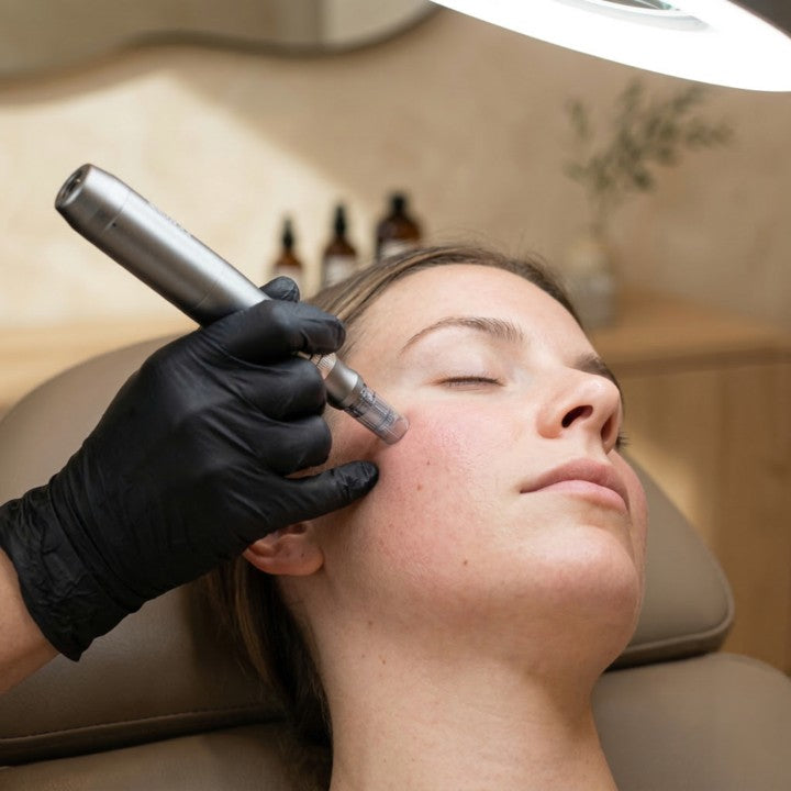 Provider performing microneedling on a client's cheek at HoneMD