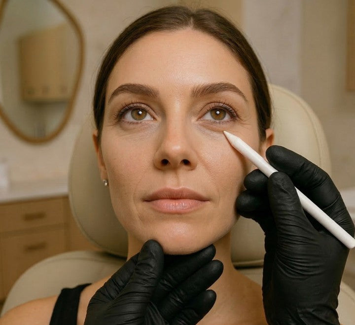 NP injector marking nasolabial fold smile line during dermal filler consultation at HoneMD Torrance