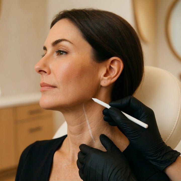NP injector marking jawline and neck treatment zone with dermographic pencil during Nefertiti lift consultation at HoneMD Torrance