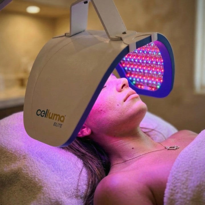 Patient receiving Celluma Elite LED red light therapy facial treatment at HoneMD med spa Torrance