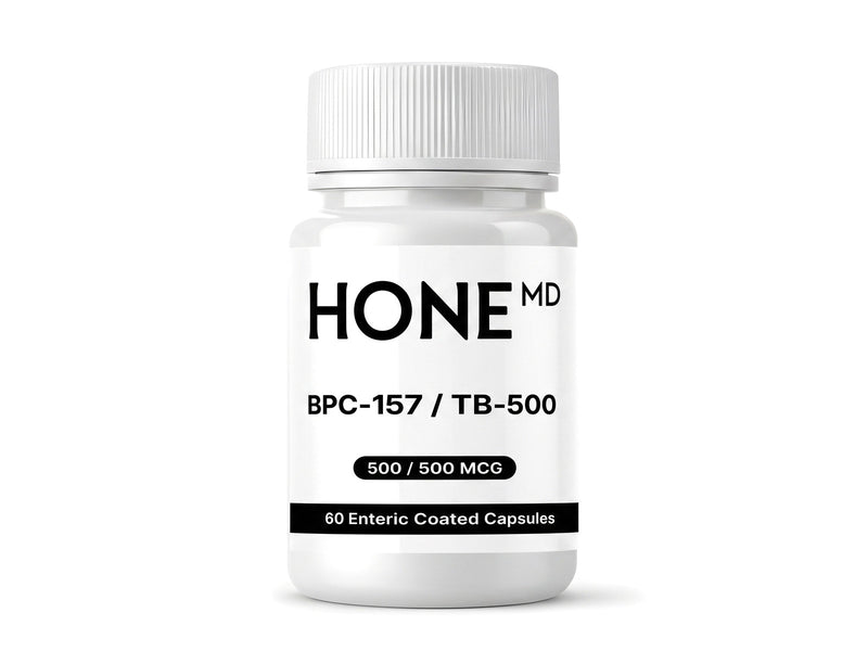 A white HoneMD BPC-157 / TB-500 capsule bottle, 500 mcg / 500 mcg, standing on white