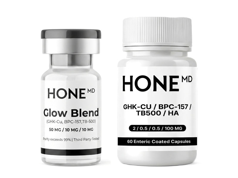 A clear HoneMD Glow Blend vial of GHK-Cu, BPC-157 and TB-500 beside a white GLOW capsule bottle, standing on white