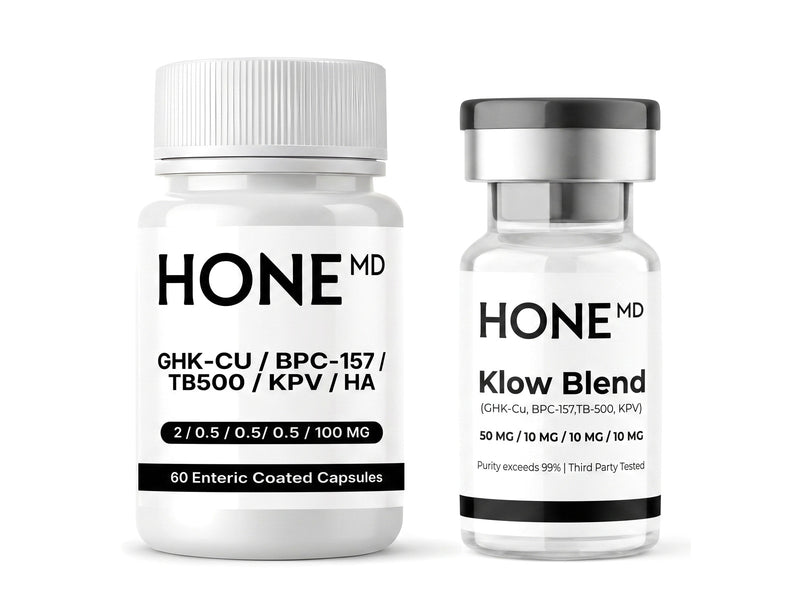 A white HoneMD KLOW capsule bottle beside a clear Klow Blend vial of GHK-Cu, BPC-157, TB-500 and KPV, standing on white