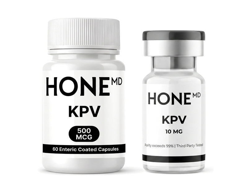 A white HoneMD KPV 500 mcg capsule bottle beside a clear KPV 10 mg vial, standing on white