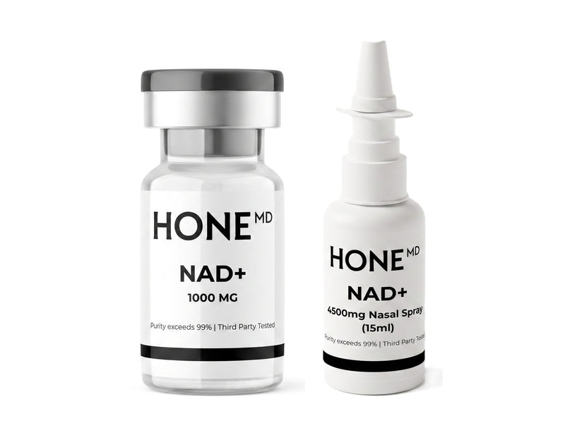 A clear HoneMD NAD+ 1000 mg injection vial beside a white HoneMD NAD+ 4500 mg nasal spray bottle, 15 ml, standing on white