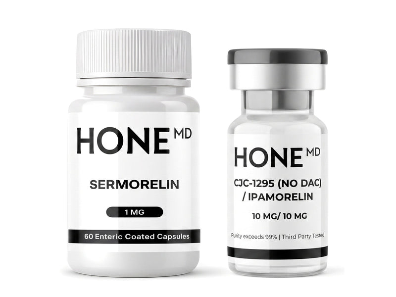 A white HoneMD Sermorelin 1 mg capsule bottle beside a clear CJC-1295 (no DAC) / Ipamorelin 10 mg / 10 mg vial, standing on white