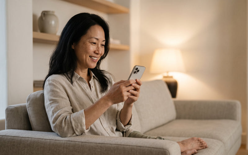A woman on her sofa in the evening completing her intake questionnaire on her phone