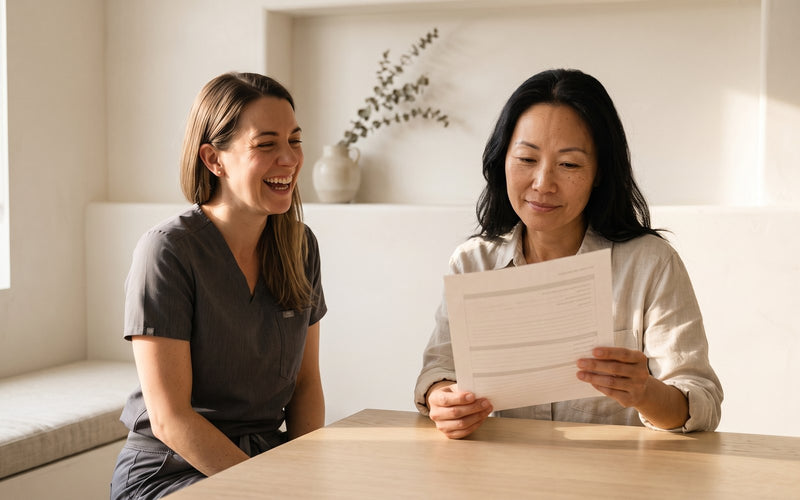 A client reading her written protocol at the table while her nurse practitioner sits beside her