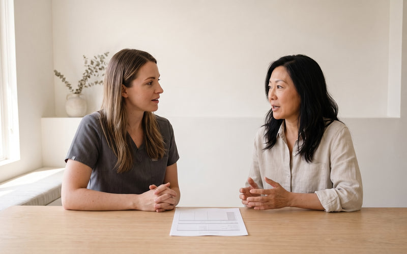 A client explaining something to her nurse practitioner at the table, the printed intake lying between them