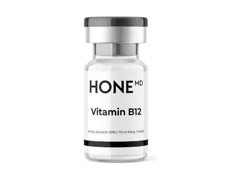 A clear HoneMD vitamin B12 injection vial with a silver crimp cap, standing on white