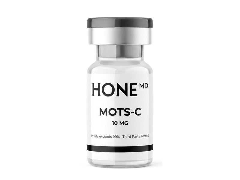 A clear HoneMD MOTS-c 10 mg vial with a silver crimp cap, standing on white